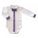 Eco cotton bodysuit: white with light purple trimming and bow tie