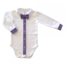 Eco cotton bodysuit: white with light purple trimming and bow tie