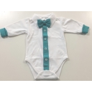 Eco cotton bodysuit: white with turquise blue trimming and bow tie