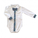Eco cotton bodysuit: white with colorful Alphabeth fabric trimming and bow tie