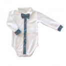 Eco cotton bodysuit: white with colorful Alphabeth fabric trimming and bow tie